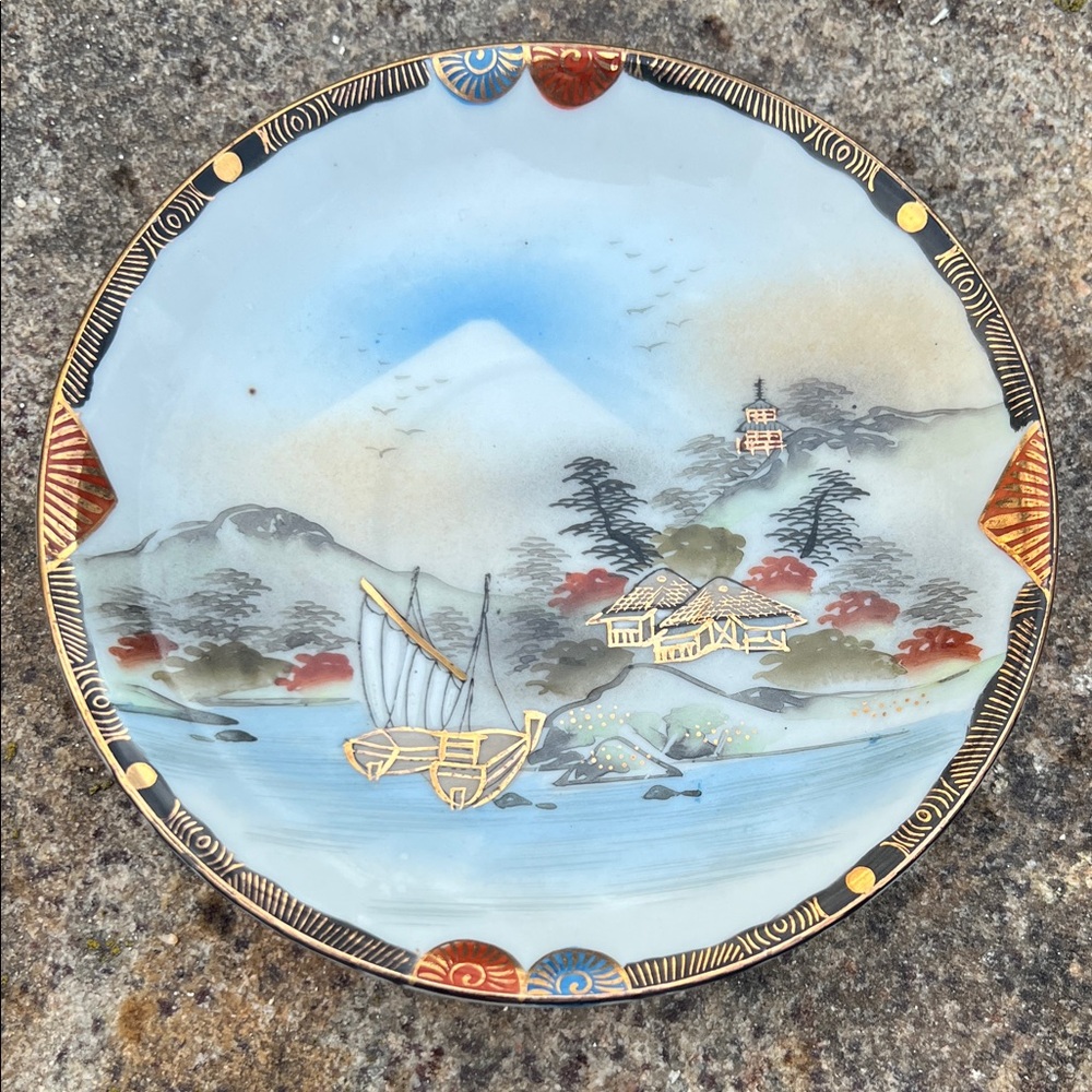 Hand-Painted Blue and Gold Asian Landscape Decorative Plate with Gold Detailing